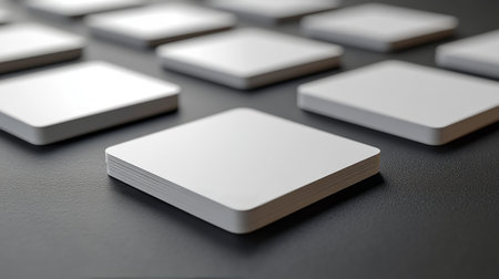 Blank square cards are positioned in a neat layout on a dark surface, ideal for art projects, gaming, or brainstorming sessions. Their simplicity allows for endless creativity.の素材