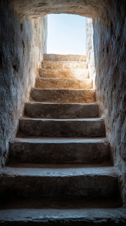 A dimly lit staircase ascends towards a bright light at the top, creating a striking contrast between darkness and illumination as evening approaches.の素材
