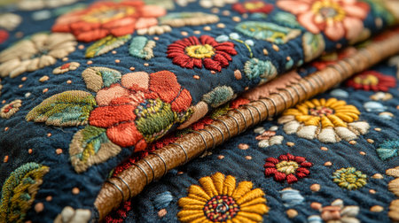 A close-up view of beautifully embroidered fabric featuring colorful floral designs on a dark background, highlighting artisanal skill and delicate stitching techniques.の素材