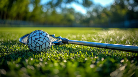 A bright yellow lacrosse ball lies next to a lacrosse stick on a grass field. The setting sun casts a warm glow, highlighting the morning dew on the blades of grass.の素材