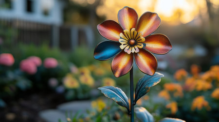Unique metal flowers in vibrant colors stand tall in a lush garden. Soft sunlight filters through trees, creating a warm, enchanting atmosphere during golden hour.の素材