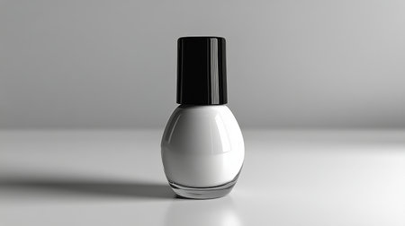 A sleek white nail polish bottle with a black cap is placed on a smooth surface, casting subtle shadows under soft lighting in a minimalist environment.の素材