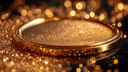 A round container filled with shimmering gold powder rests on a smooth reflective surface. Sparkling lights create a dazzling backdrop, enhancing the radiant appearance of the powder.の素材