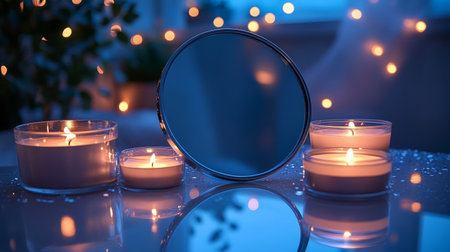Soft candlelight reflects off a round mirror, enhancing the peaceful atmosphere created by ambient twinkling lights, perfect for relaxation and tranquility.の素材
