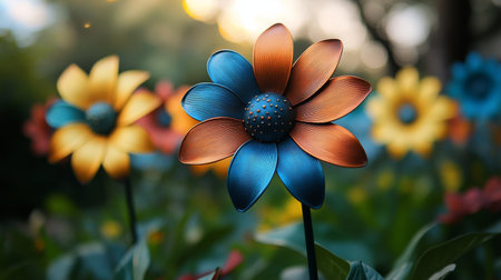 Unique metal flowers in vibrant colors stand tall in a lush garden. Soft sunlight filters through trees, creating a warm, enchanting atmosphere during golden hour.の素材