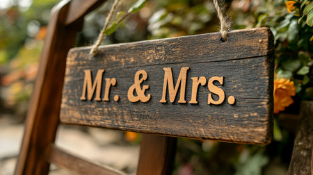A rustic wooden sign with the words Mr and Mrs hangs amidst vibrant flowers in a garden. The bright colors of the blooms create a cheerful atmosphere at midday.の素材