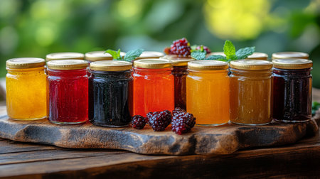 Small jars filled with vibrant fruit preserves are arranged on a rustic wooden board. Fresh berries and mint leaves add a touch of color and freshness to the serene, natural backdrop.の素材