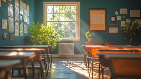 Sunlight fills a historic classroom with tall windows, creating warm patterns on the wooden floor. Wooden desks are neatly arranged, inviting a serene learning atmosphere.の素材