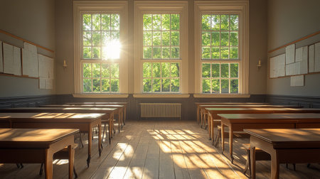 Sunlight fills a historic classroom with tall windows, creating warm patterns on the wooden floor. Wooden desks are neatly arranged, inviting a serene learning atmosphere.の素材