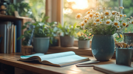 Sunlight filters through a window illuminating a wooden desk adorned with an open book and a vase of fresh flowers. Potted plants add life to the study area.の素材