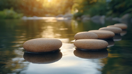 A smooth, engraved stone rests on a riverbank surrounded by pebbles, with sunlight filtering through lush trees, creating a peaceful atmosphere by the flowing water.の素材