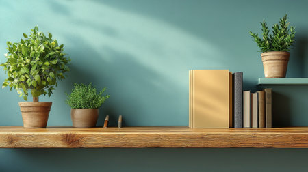 Lush green plants in clay pots sit alongside neatly arranged books on a wooden shelf. The backdrop features a calming blue wall, enhancing the inviting atmosphere.の素材