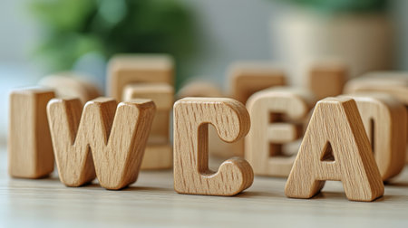 Colorful wooden letters are arranged in a playful manner on a light surface, ideal for educational activities, craft projects, or home decor.の素材