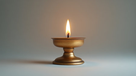 A beautifully designed oil lamp emits a bright flame, casting a warm glow against a softly blurred background that enhances the tranquil atmosphere.の素材