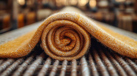 A loom displays freshly woven fabric as warm sunlight streams through a workshop. Colorful flowers in the background add charm to the creative atmosphere of textile crafting.の素材