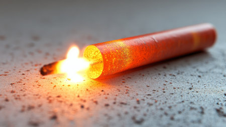 A charcoal stick burns brightly, emitting a vivid orange glow and curling wisps of smoke. The texture shows signs of heat and ash at one end.の素材