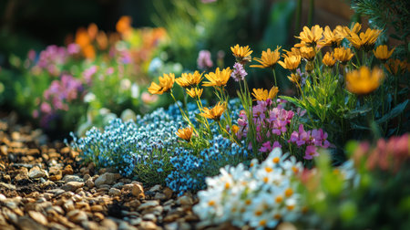A modern garden features colorful flowers and smooth pebbles, creating a peaceful atmosphere. A stylish clock stands among the blooms, enhancing the serene environment.の素材