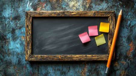A rustic wooden-framed blackboard sits on a textured surface, adorned with colorful sticky notes and a sharpened pencil ready for notes or reminders.の素材