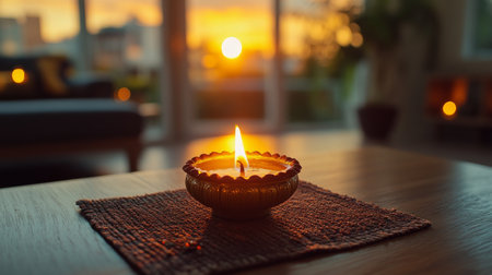 An oil lamp emits a warm glow surrounded by softly twinkling lights in a tranquil outdoor atmosphere. This scene captures the essence of celebration and peace during night hours.の素材