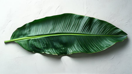 A vibrant green tropical leaf lays flat against a smooth light background, showing its intricate texture and natural beauty, ideal for decorative use or nature studies.の素材