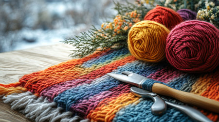 Colorful yarns in pink and blue are arranged with yellow and pink flowers alongside knitting tools on a rustic wooden table, creating a warm crafting atmosphere.の素材