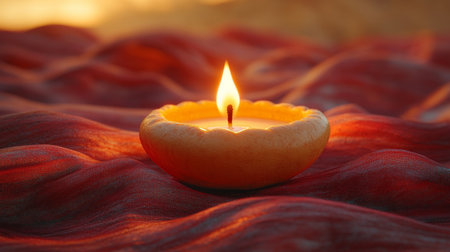A small candle burns gently on textured fabric, creating a serene atmosphere with its warm glow, ideal for relaxation and meditation during the evening.の素材