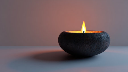 A glowing candle sits in a handcrafted clay bowl, casting a soft light against the textured backdrop. The warm atmosphere invites tranquility and reflection.の素材