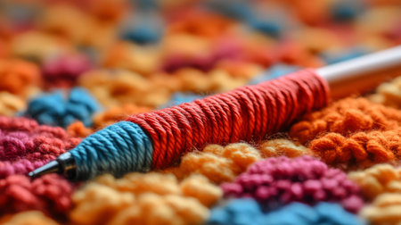 A crochet hook rests on a brightly colored handmade blanket featuring vibrant yarn patterns, showing different textures and shades in a cozy crafting environment.の素材