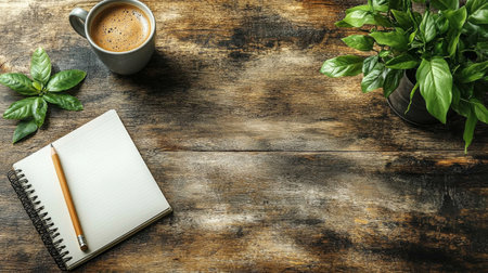 A rustic wooden table features a cup of coffee, a blank notebook with a pencil, and small potted plants, creating a cozy workspace for creative activities.の素材