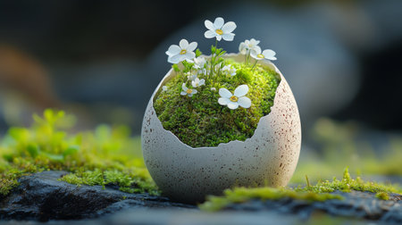 A creative display features small purple flowers and green moss flourishing inside a cracked eggshell resting on a wooden surface, surrounded by natural greenery.の素材