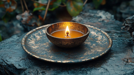 A brass diya emits a soft glow as it rests on an ornate platter, surrounded by a tranquil setting that enhances its beauty during evening rituals.の素材