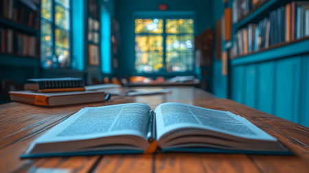 Natural light filters through large windows in a tranquil reading space, illuminating an open book on a wooden table surrounded by shelves filled with various books.の素材