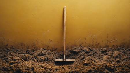 A garden shovel is lodged in rich brown soil, surrounded by blooming flowers. The scene is set in a tranquil garden, suggesting an engaging landscaping activity on a sunny day.の素材