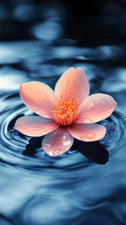 A white water lily with vibrant orange center delicately floats on a tranquil pond's surface, surrounded by gentle ripples and glistening water droplets under soft morning light.の素材