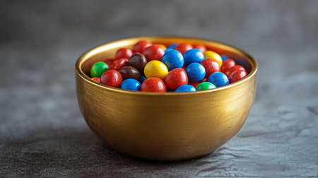 A shiny golden bowl filled with vibrant candy balls of red, blue, and yellow sits against a soft blue backdrop, creating a delightful visual contrast.の素材