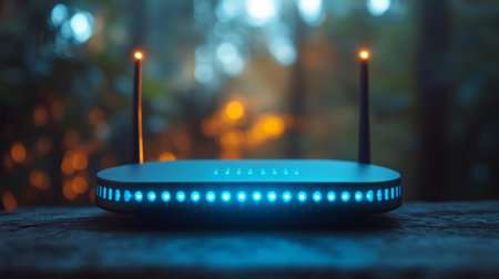 A wireless router sits on a wooden surface as dusk falls in a forest. The device emits a soft blue light, enhancing the tranquil, serene atmosphere of the surrounding nature.の素材