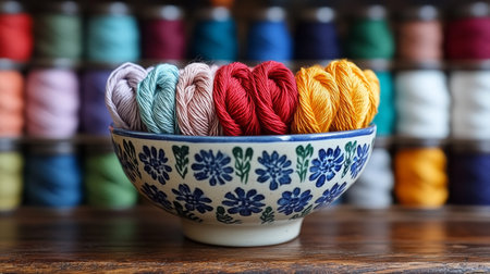 A collection of vibrant embroidery threads is neatly organized in a decorative bowl, resting on a rustic wooden table.の素材