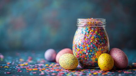 A glass jar filled with vibrant sprinkles and pastel candy eggs sits on a table, creating a festive atmosphere perfect for spring celebrations or holiday gatherings.の素材