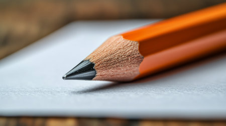 A sharpened orange pencil is positioned on plain white paper, showing its fine tip. The background suggests a warm, inviting workspace, perfect for writing or sketching.の素材