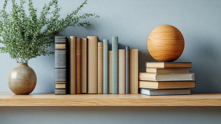 A wooden bookend shaped like an arch rests on a shelf beside several books and a vase of greenery, all illuminated by soft natural light streaming through a window.の素材