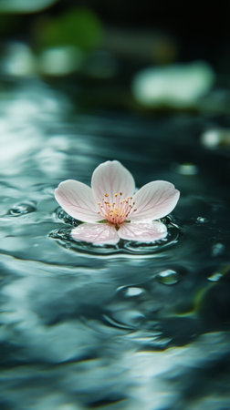 A white water lily with vibrant orange center delicately floats on a tranquil pond's surface, surrounded by gentle ripples and glistening water droplets under soft morning light.の素材