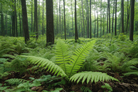 A vibrant fern stands out in a tranquil forest filled with tall trees and thick undergrowth, illuminated by soft daylight filtering through the leaves.の素材