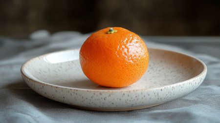 A vibrant orange sits on a textured plate, accompanied by green leaves, creating a fresh and inviting atmosphere in a cozy indoor space.の素材