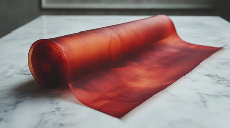 A vintage rolled parchment tied with a red ribbon rests on a wooden table, illuminated by soft ambient lighting that creates a warm and inviting atmosphere in the evening.の素材