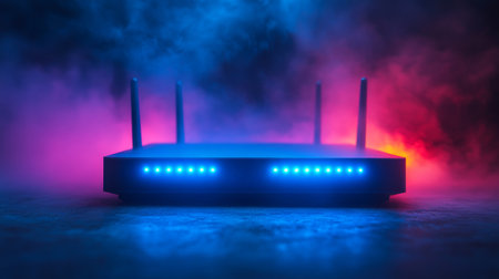 A wireless router sits on a wooden surface as dusk falls in a forest. The device emits a soft blue light, enhancing the tranquil, serene atmosphere of the surrounding nature.の素材