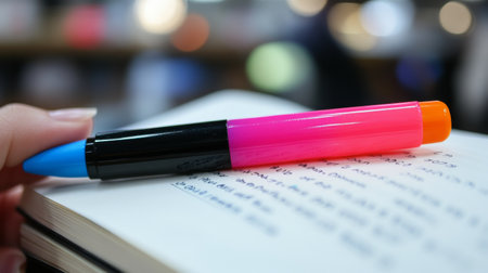 A hand holds a sleek pen in vibrant colors, resting on a notebook filled with handwritten notes in a cozy study space. A blurred background adds depth to the scene.の素材