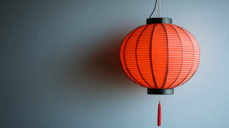 A vibrant red lantern is suspended from a wall with a textured blue surface. The lantern illuminates the surroundings softly, creating a warm ambiance in the evening.の素材