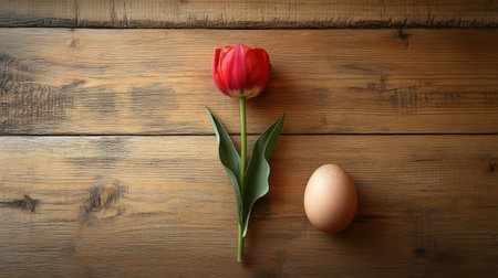 A vibrant pink tulip is placed next to a light brown egg on a wooden surface. The scene is softly lit, highlighting the textures of the flower and the egg.の素材