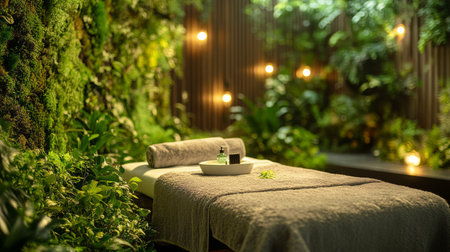This tranquil spa features a soothing interior design with lush greenery, elegant furnishings, and a serene ambiance perfect for relaxation and rejuvenation at any time.の素材