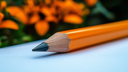 An orange pencil with a sharpened tip lies among white pencil shavings on a flat surface, highlighting creativity and artistic expression in a simple yet engaging setting.の素材
